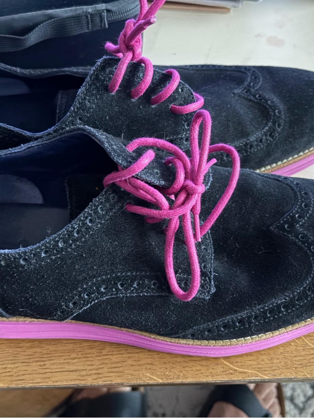 Cole Haan Black Suede Oxford Shoes with Pink Laces and Pink Trim